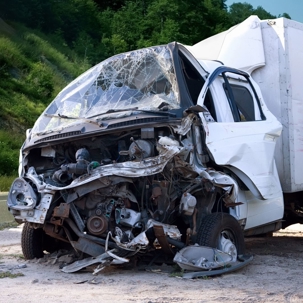 Front end of a semi truck damaged due to an accident