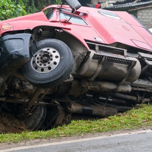 Semi truck on its side after an accident