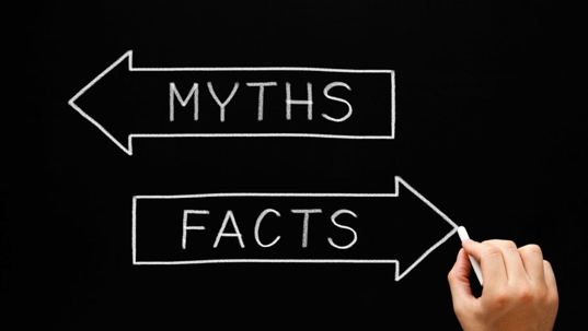 Illustrated text on a black background shows two arrows labeled "MYTHS" pointing left and "FACTS" pointing right.