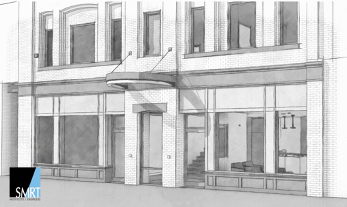 Architectural rendering of a commercial building with large windows.