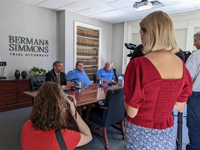 Attorney Tim Kenlan with two clients attended a press conference to announce the filing of six more lawsuits against the Roman Catholic Diocese of Portland.